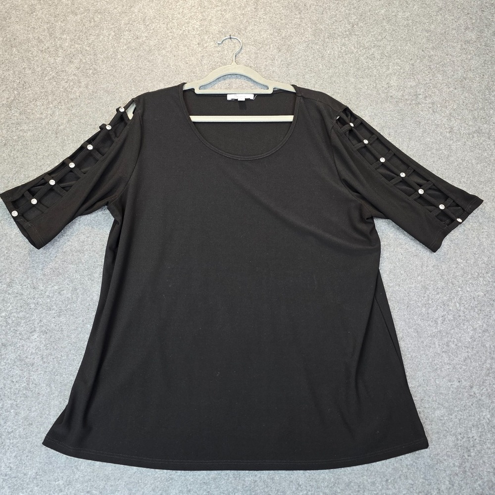 89th & Madison Blouse Top Womens XL Black Scoop Neck Rhinestone 3/4 Sleeves